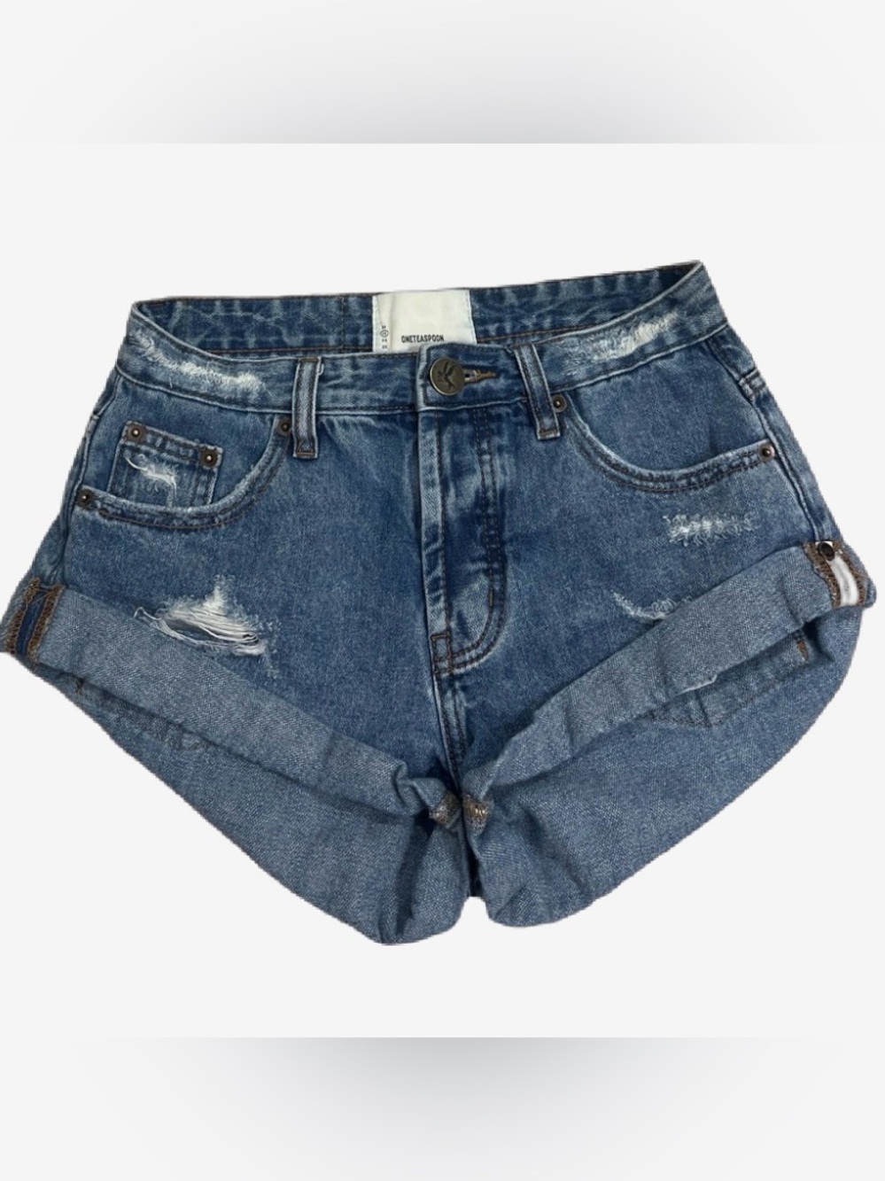 One Teaspoon Distressed Rolled Hem Denim Shorts - Blue